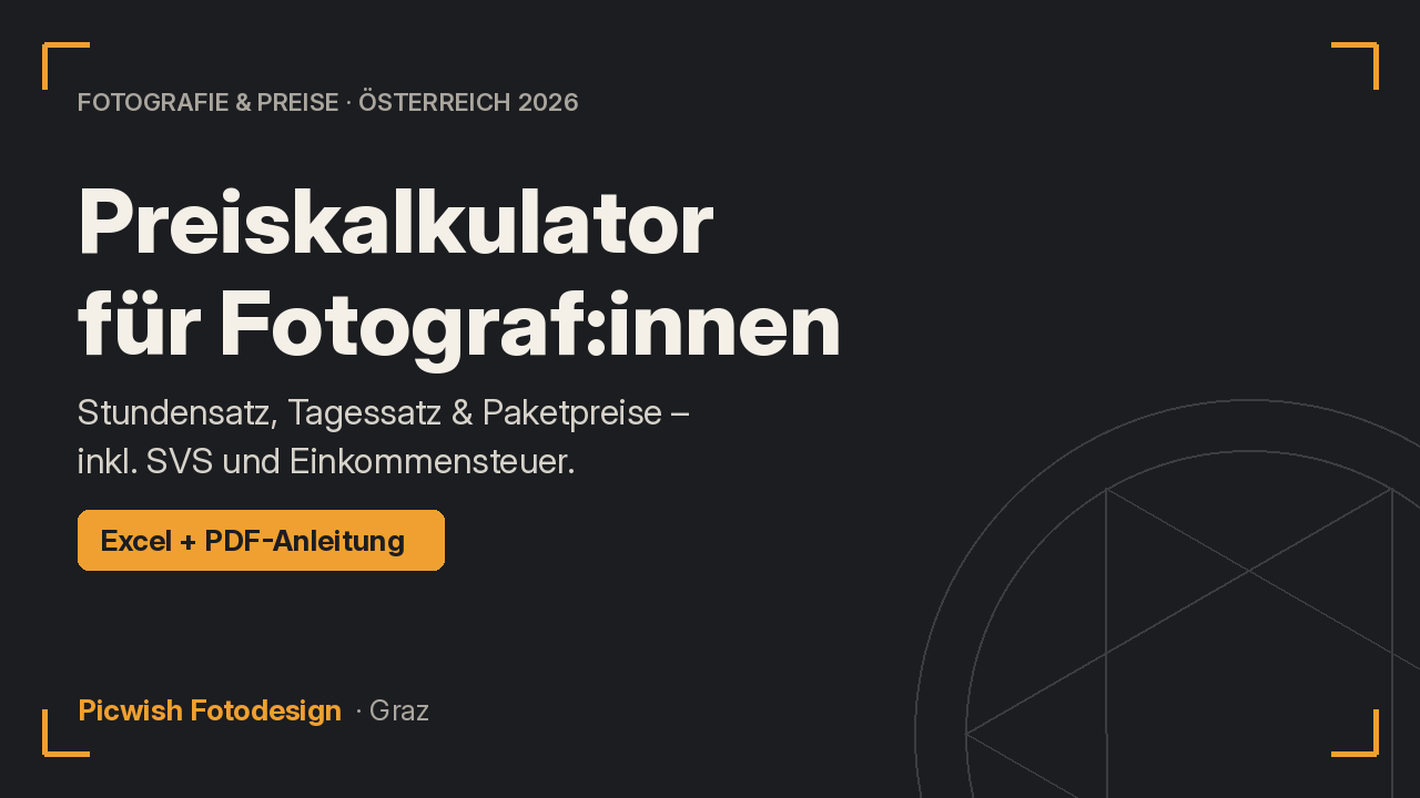 Preiskalkulator für Fotograf:innen – Stundensatz, Tagessatz und Paketpreise inkl. SVS und Einkommensteuer. Excel + PDF-Anleitung.